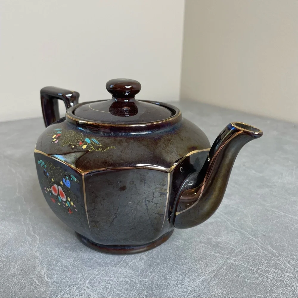Vintage Mid-Century Japanese Moriage Dark Brown Ceramic Teapot Floral Design
